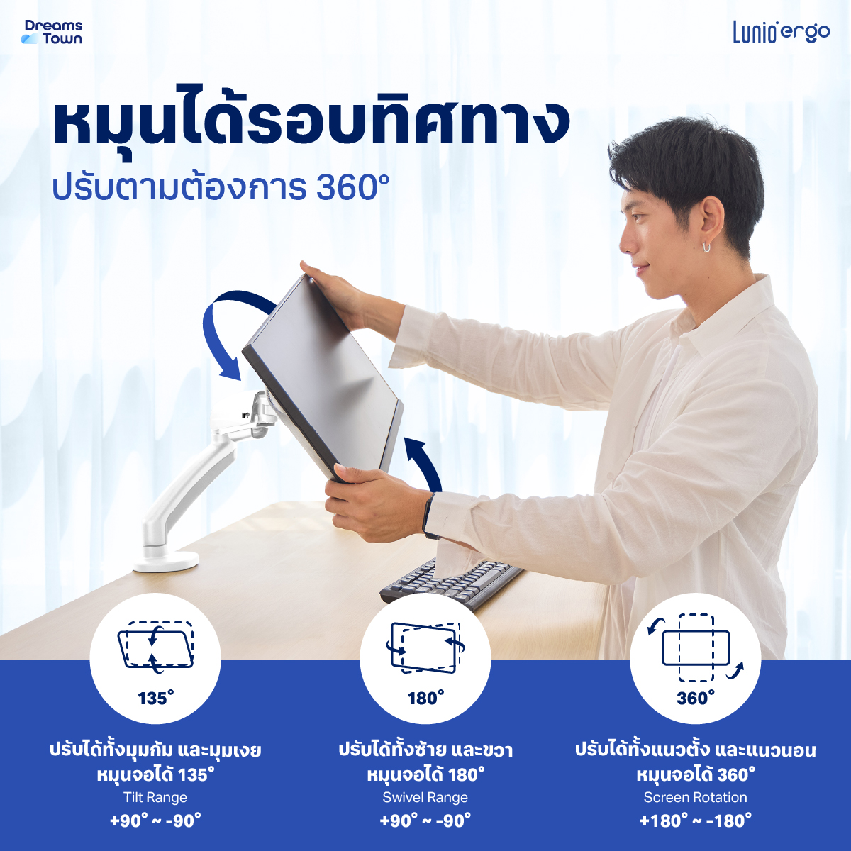แขนจับจอ LUNIO ERGO MONITOR ARM CYBOT สีขาว 1 แขน หมุนได้360°_3